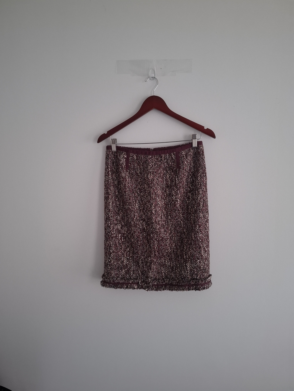 Talbots Tweed Pencil Skirt Burgundy Fringe Trim SZ 4P Petites